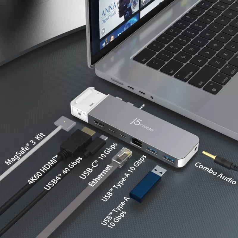 USB šakotuvas j5create JCD395 4K60 Elite Pro laidinis USB4 su MagSafe rinkiniu