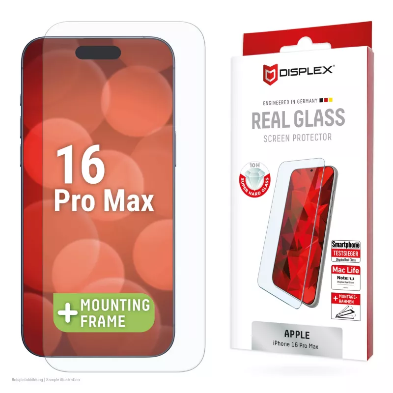 Displex ekrano apsauginis stiklas (10H), skirtas „Apple iPhone 16 Pro Max“, EASY-ON® Eco montavimo rėmelis, atsparus įbrėžimams