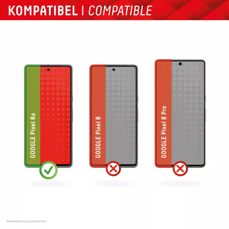 Displex ekrano apsauginis stiklas (10H), skirtas Google Pixel 8a, su EASY-ON® Eco montavimo rėmeliu, atsparus įbrėžimams