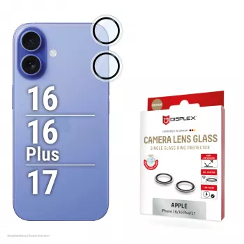 „Displex Premium“ kameros objektyvo apsauginis stiklas, „iPhone 16/16 Plus/17“ stiklas, 10H, pavieniai žiedai, DLC, skaidrus, greitas montavimas
