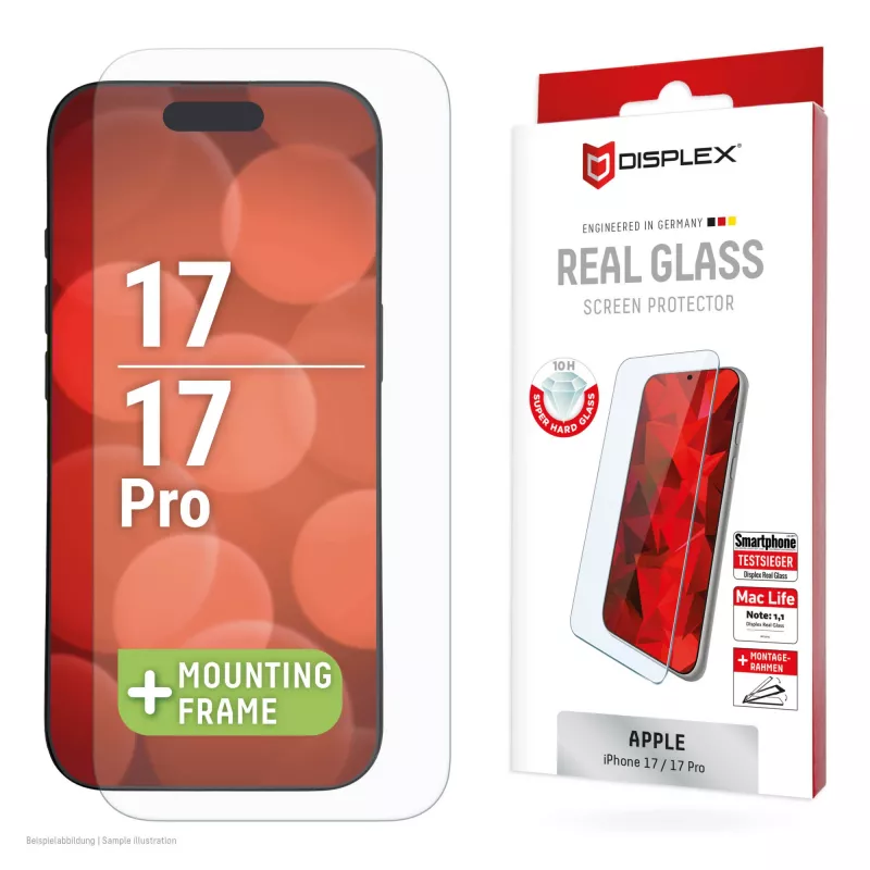 “Displex” ekrano apsauga (10H), skirta “Apple iPhone 17/17 Pro”, ekologiškas tvirtinimo rėmelis, atspari įbrėžimams
