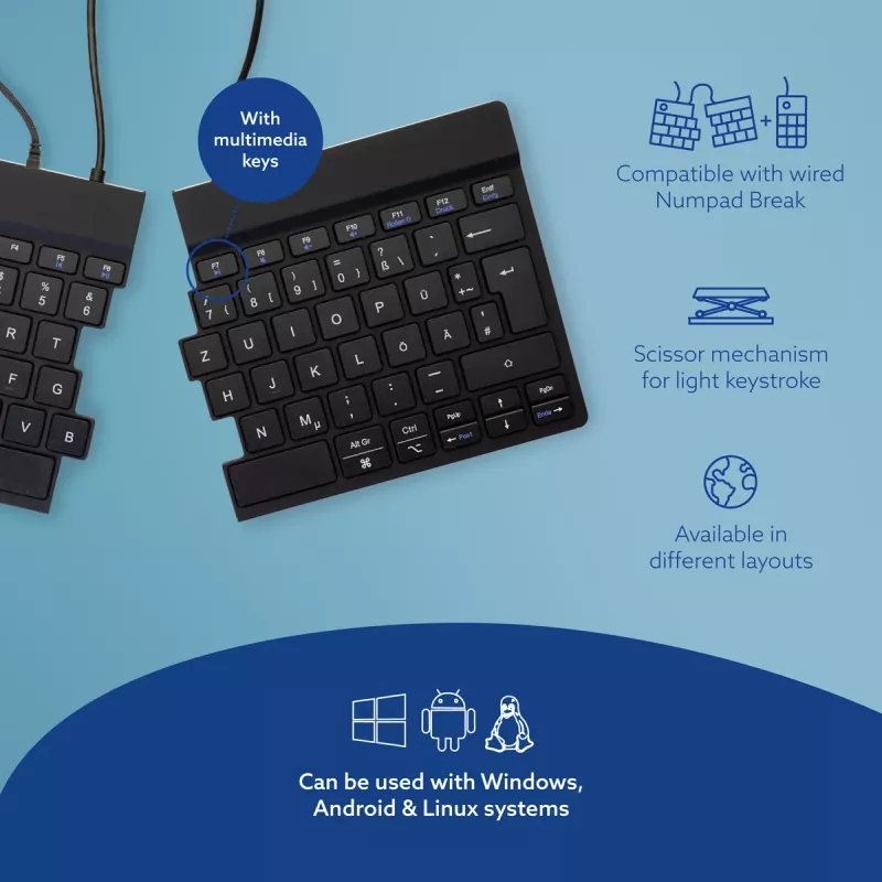 R-Go Tools ergonominė klaviatūra R-Go Split Break v2 su pertraukų programine įranga, ergonominė dviejų dalių klaviatūra, QWERTZ (DE), laidinė, juoda