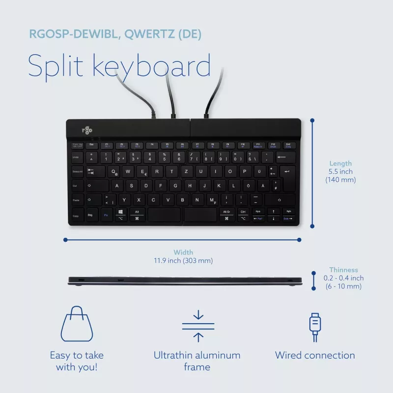 R-Go Tools ergonominė klaviatūra R-Go Split Break v2 su pertraukų programine įranga, ergonominė dviejų dalių klaviatūra, QWERTZ (DE), laidinė, juoda