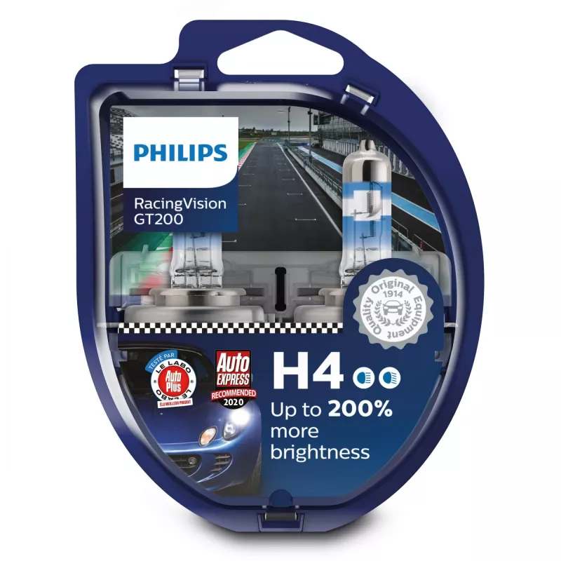 Philips RacingVision GT200 12342RGTS2 didelio našumo, 60 W, 12 V, H4, halogeninė, 3600 K, 2 vnt.