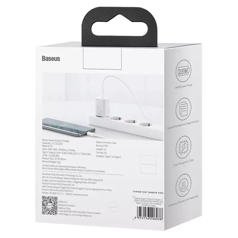 Baseus Super Si vidaus įkroviklis baltas greitas įkrovimas 12V 1xUSB-C
