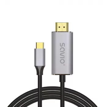 USB-C į HDMI 2.0b kabelis SAVIO CL-171 — 2 m, USB-C kištukas į HDMI A tipo kištuką, 4K 4096×2160, sidabrinis kabelis su juodais ir auksiniais antgaliais