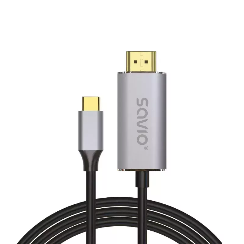 USB-C į HDMI 2.0b kabelis SAVIO CL-171 — 2 m, USB-C kištukas į HDMI A tipo kištuką, 4K 4096×2160, sidabrinis kabelis su juodais ir auksiniais antgaliais