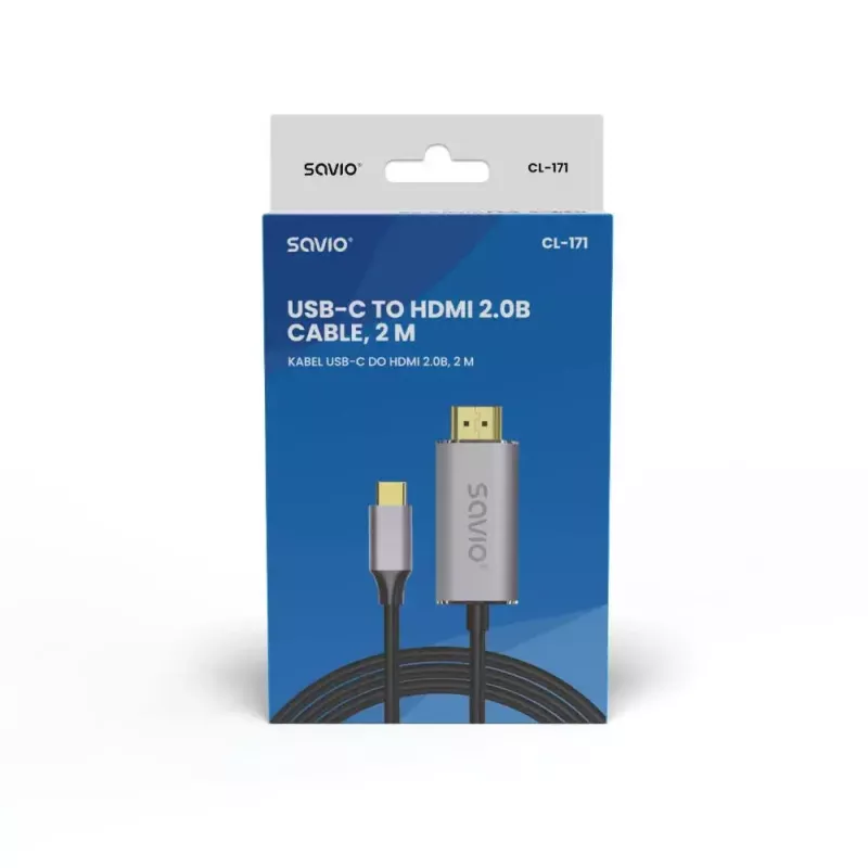 USB-C į HDMI 2.0b kabelis SAVIO CL-171 — 2 m, USB-C kištukas į HDMI A tipo kištuką, 4K 4096×2160, sidabrinis kabelis su juodais ir auksiniais antgaliais