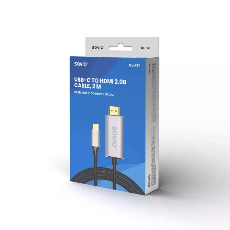 USB-C į HDMI 2.0b kabelis SAVIO CL-171 — 2 m, USB-C kištukas į HDMI A tipo kištuką, 4K 4096×2160, sidabrinis kabelis su juodais ir auksiniais antgaliais