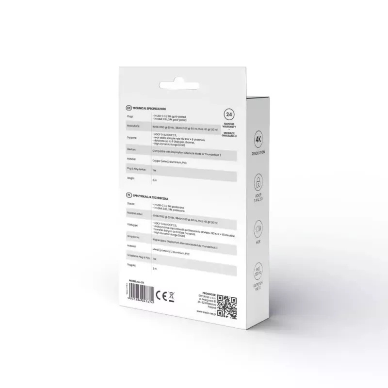USB-C į HDMI 2.0b kabelis SAVIO CL-171 — 2 m, USB-C kištukas į HDMI A tipo kištuką, 4K 4096×2160, sidabrinis kabelis su juodais ir auksiniais antgaliais