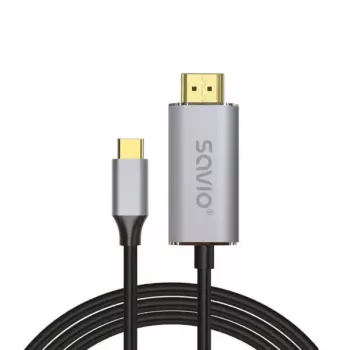 USB-C į HDMI 2.0b kabelis SAVIO CL-171 — 2 m, USB-C kištukas į HDMI A tipo kištuką, 4K 4096×2160, sidabrinis kabelis su juodais ir auksiniais antgaliais
