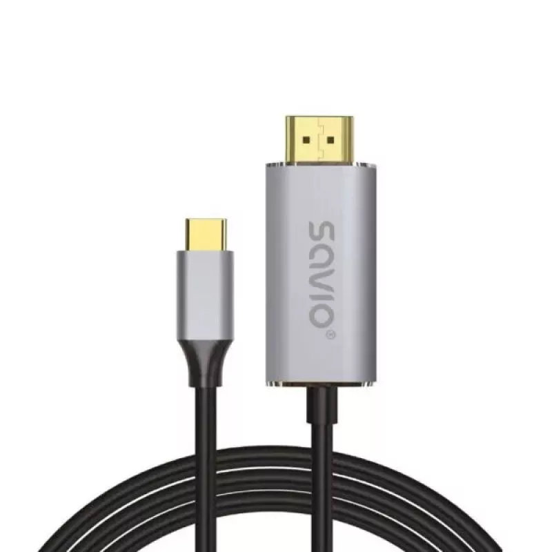 USB-C į HDMI 2.0b kabelis SAVIO CL-171 — 2 m, USB-C kištukas į HDMI A tipo kištuką, 4K 4096×2160, sidabrinis kabelis su juodais ir auksiniais antgaliais