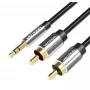 Garso kabelis Vention BCFBJ 2 x RCA į 3,5 mm mini lizdą, 5 m, juodas, paauksuoti kontaktai, PVC apvalkalas