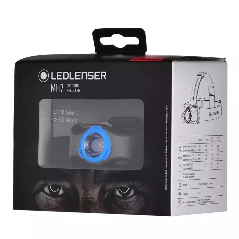 Ledlenser MH7 juoda mėlyna – įkraunamas LED galvos žibintuvėlis, 400 liumenų, įmontuota baterija