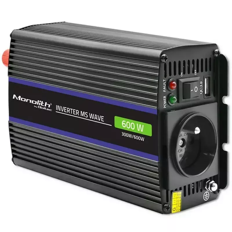 Maitinimo keitiklis QOLTEC Monolith 600 MS Wave 12V į 230V 600W, gryna / modifikuota banga pagal specifikaciją