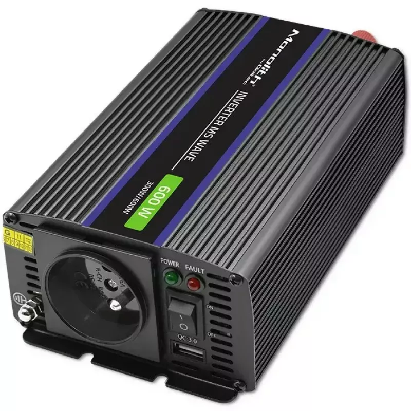 Maitinimo keitiklis QOLTEC Monolith 600 MS Wave 12V į 230V 600W, gryna / modifikuota banga pagal specifikaciją