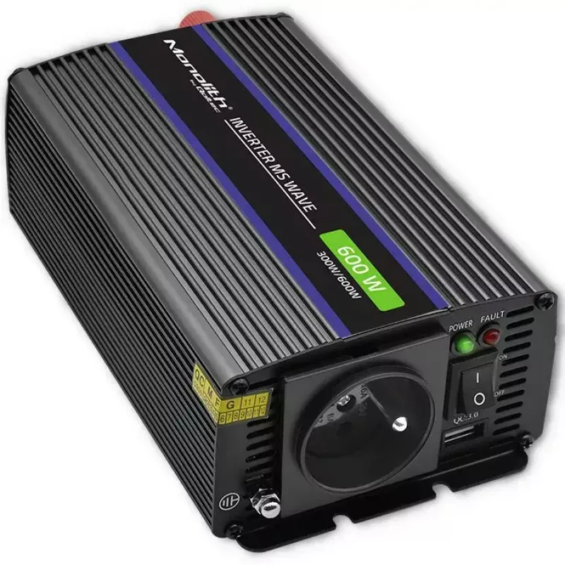 Maitinimo keitiklis QOLTEC Monolith 600 MS Wave 12V į 230V 600W, gryna / modifikuota banga pagal specifikaciją