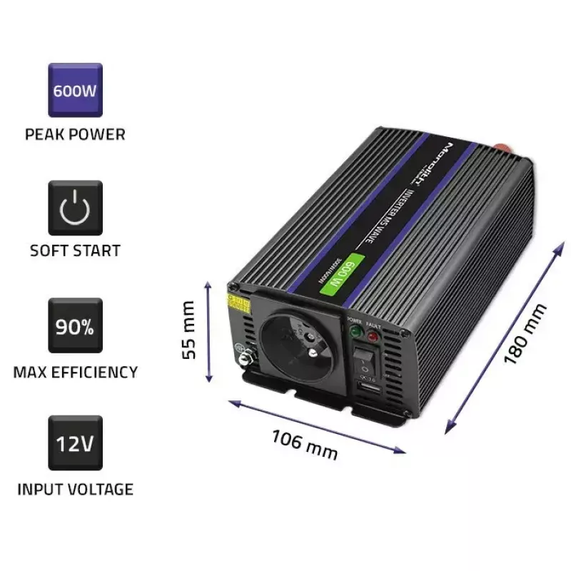 Maitinimo keitiklis QOLTEC Monolith 600 MS Wave 12V į 230V 600W, gryna / modifikuota banga pagal specifikaciją