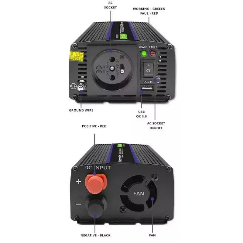 Maitinimo keitiklis QOLTEC Monolith 600 MS Wave 12V į 230V 600W, gryna / modifikuota banga pagal specifikaciją