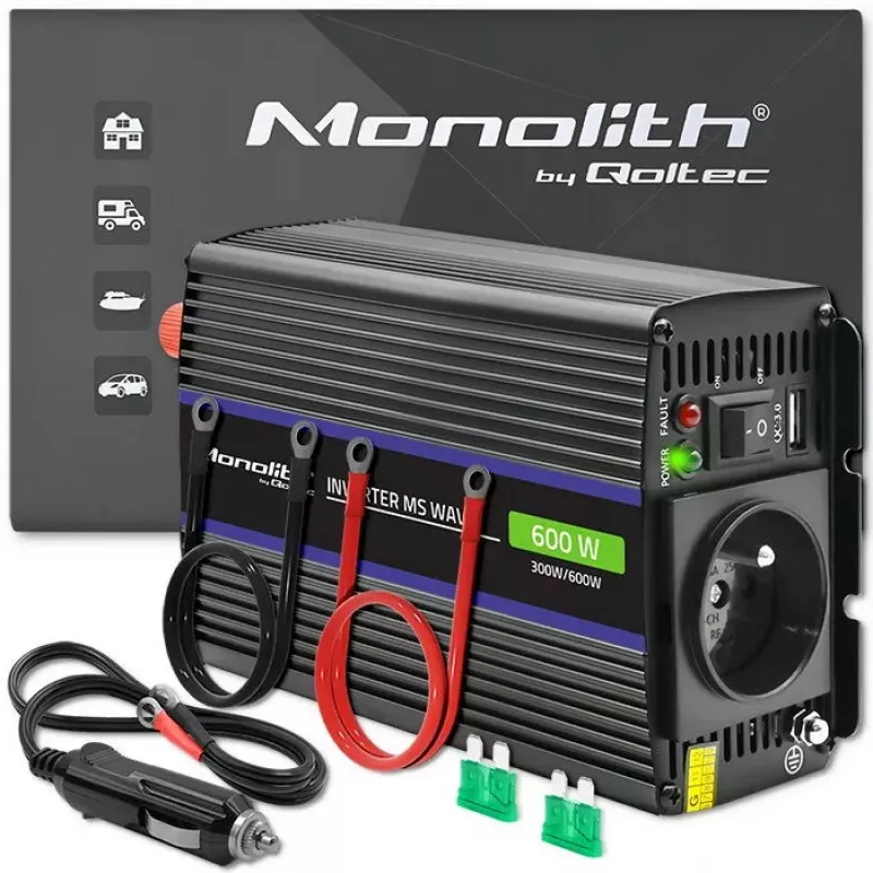 Maitinimo keitiklis QOLTEC Monolith 600 MS Wave 12V į 230V 600W, gryna / modifikuota banga pagal specifikaciją