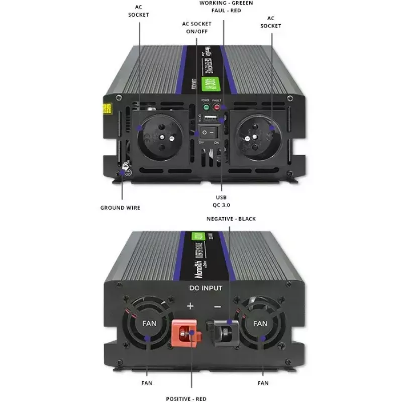 Įtampos keitiklis QOLTEC Monolith 4000 MS Wave 12V į 230V 2000/4000W su USB