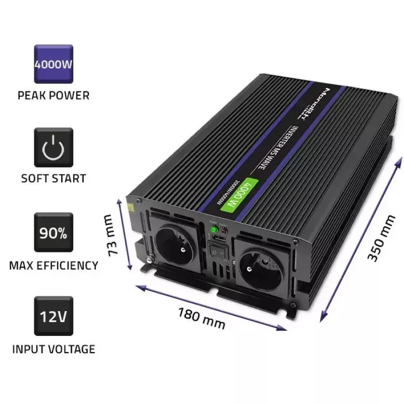 Įtampos keitiklis QOLTEC Monolith 4000 MS Wave 12V į 230V 2000/4000W su USB