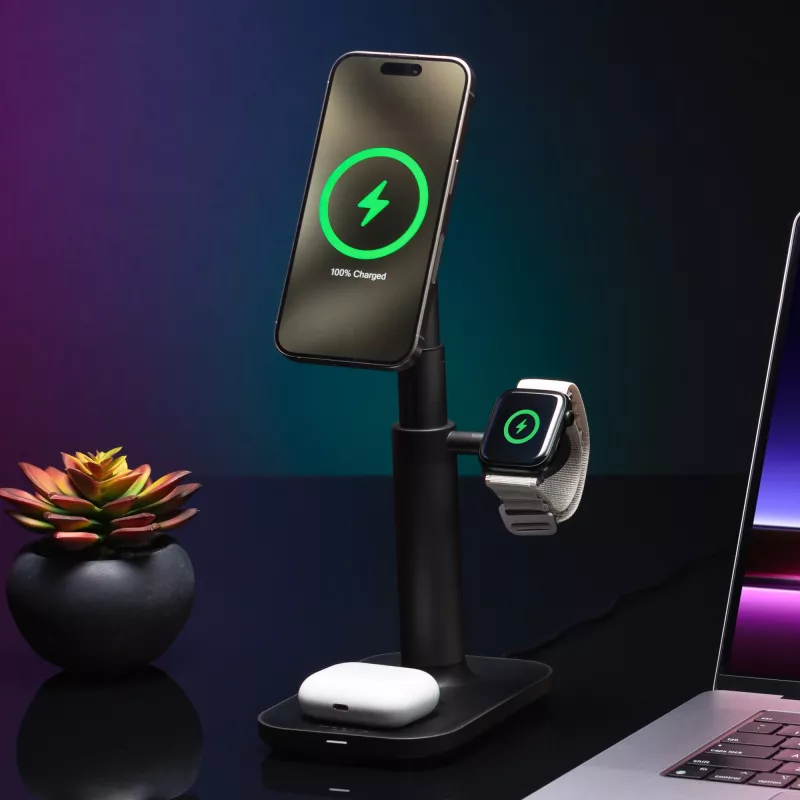 3-in-1 ištraukiamas stovas mophie MagSafe vidaus įkroviklis USB išmanusis telefonas išmanusis laikrodis ausinės