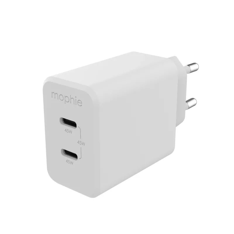 mophie priedai, sieninis adapteris, USB-C-PD-DUAL-45W-GAN, baltas, EU (2x USB-C)