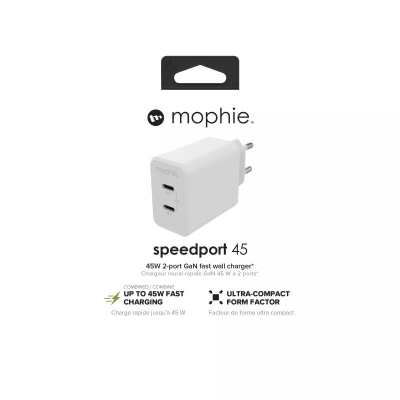 mophie priedai, sieninis adapteris, USB-C-PD-DUAL-45W-GAN, baltas, EU (2x USB-C)