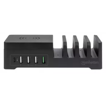 Manhattan įkrovimo stotelė su belaidžiu įkrovimo padeliu (nuimamu), 1x belaidis, 1x USB-C ir 4x USB-A prievadai, belaidžio išėjimas: 2A, USB-C išėjimas: 3A, USB-A išėjimai: 1x 3A ir 3x 2.4A maks., laidas 1m, juoda (maitinimo laidas: europinis 2 kontaktų kištukas į C7 aštuntukės jungtį)