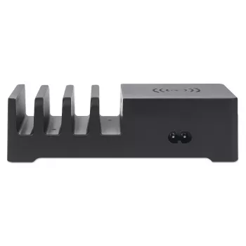 Manhattan įkrovimo stotelė su belaidžiu įkrovimo padeliu (nuimamu), 1x belaidis, 1x USB-C ir 4x USB-A prievadai, belaidžio išėjimas: 2A, USB-C išėjimas: 3A, USB-A išėjimai: 1x 3A ir 3x 2.4A maks., laidas 1m, juoda (maitinimo laidas: europinis 2 kontaktų kištukas į C7 aštuntukės jungtį)