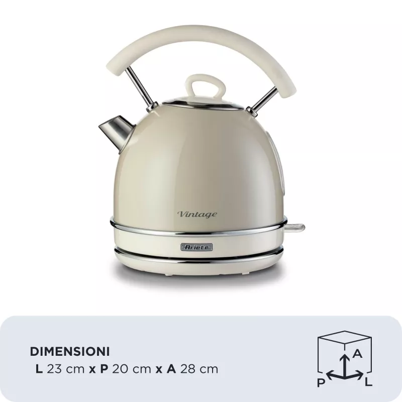 Ariete 2877 Virdulys Vintage, 1,7L, belaidis, smėlio spalvos, 1.7 L, 2000 W, smėlio spalvos, vandens lygio indikatorius, belaidis, filtravimas