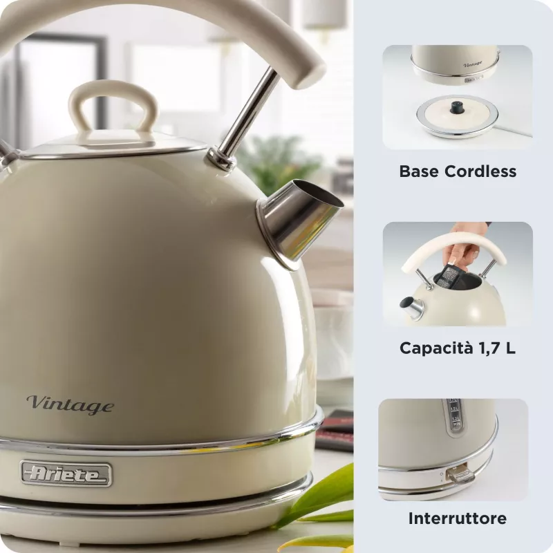 Ariete 2877 Virdulys Vintage, 1,7L, belaidis, smėlio spalvos, 1.7 L, 2000 W, smėlio spalvos, vandens lygio indikatorius, belaidis, filtravimas