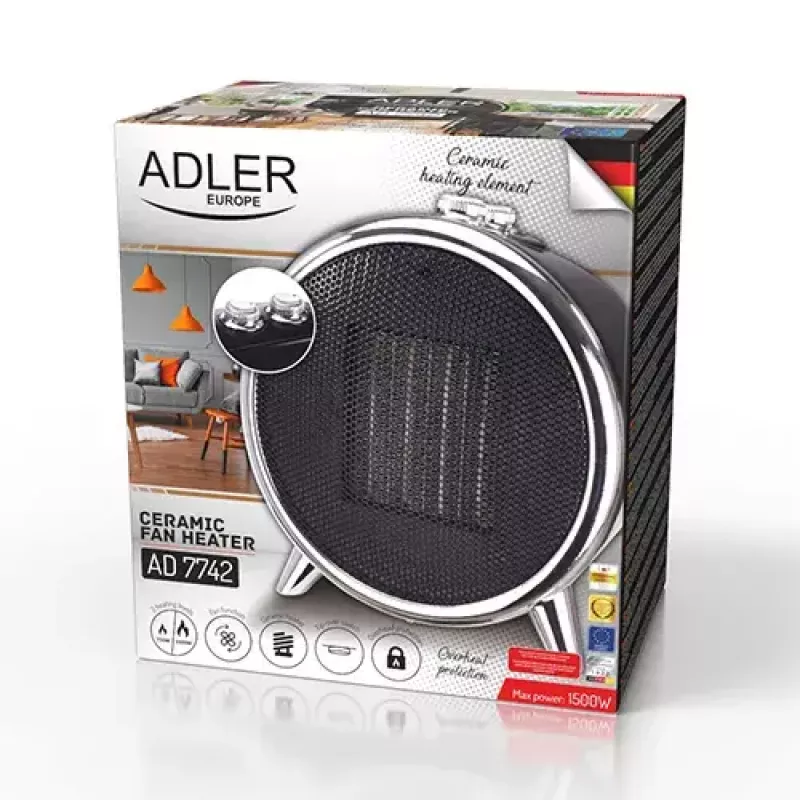 Elektrinis keraminis šildytuvas Adler AD 7742 — 1500/750 W, ant grindų, 220–240 V, juoda/sidabrinė