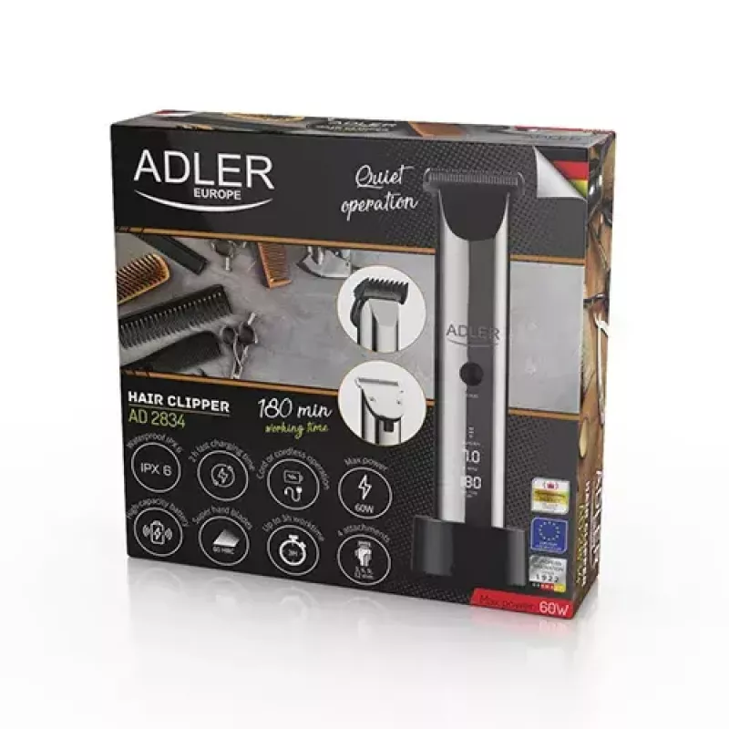 Plaukų kirpimo mašinėlė Adler AD 2834, sidabrinė, 3 mm iki 1,2 cm, LCD