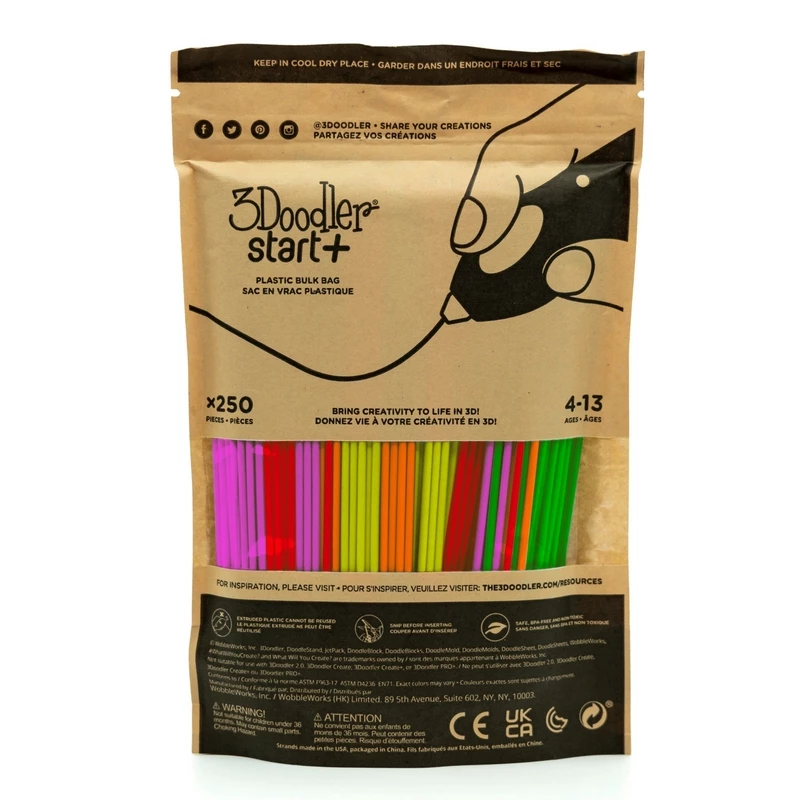 3DOODER 3D spausdinimo siūlų rinkinys Start+ 250 vnt., 2,5 mm skersmuo, kompostuojamos fluorescencinės spalvos (neoninė raudona, oranžinė, žalia, geltona, rožinė)