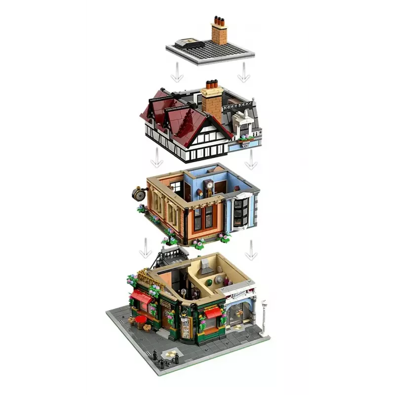 LEGO Icons statybos rinkinys 10350 Tudor Corner House — 3 266 dalys, 8 minifigūrėlės, amžius 18+, 260×250×310 mm