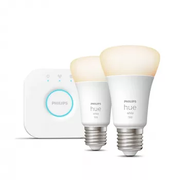 Philips Hue White Starter rinkinys: 2 E27 išmaniosios lemputės (1100), Išmaniojo apšvietimo rinkinys, Bluetooth/Zigbee, Balta, LED, E27, A60