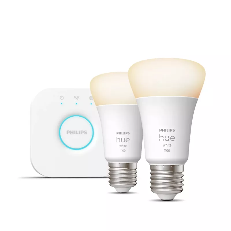 Philips Hue White Starter rinkinys: 2 E27 išmaniosios lemputės (1100), Išmaniojo apšvietimo rinkinys, Bluetooth/Zigbee, Balta, LED, E27, A60