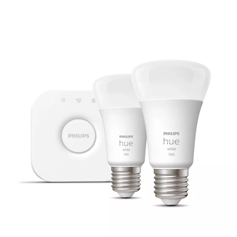 Philips Hue White Starter rinkinys: 2 E27 išmaniosios lemputės (1100), Išmaniojo apšvietimo rinkinys, Bluetooth/Zigbee, Balta, LED, E27, A60