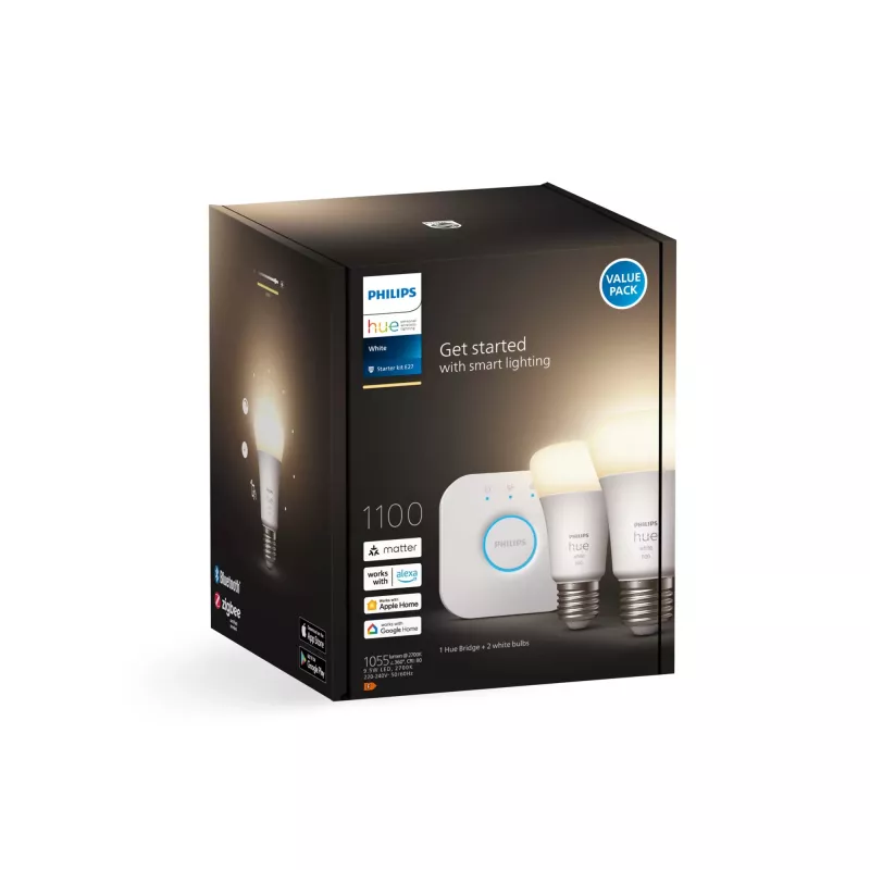 Philips Hue White Starter rinkinys: 2 E27 išmaniosios lemputės (1100), Išmaniojo apšvietimo rinkinys, Bluetooth/Zigbee, Balta, LED, E27, A60