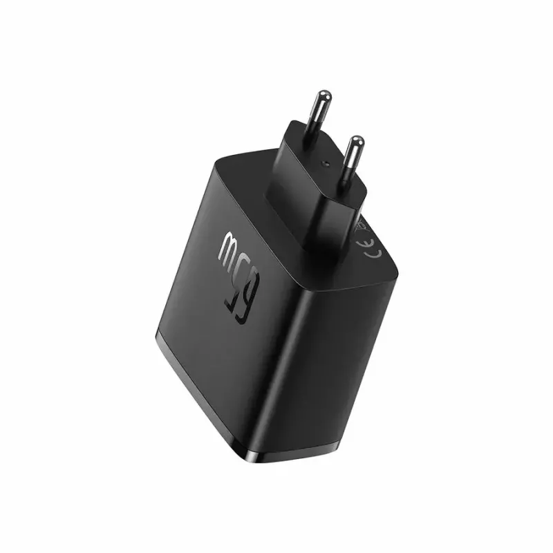 Greitasis įkroviklis Baseus Cube Pro 65W — 3 prievadai (2×USB-C, 1×USB-A), 110–240V, kintamoji srovė, vidaus, universalus suderinamumas, juodas, 0,154 kg