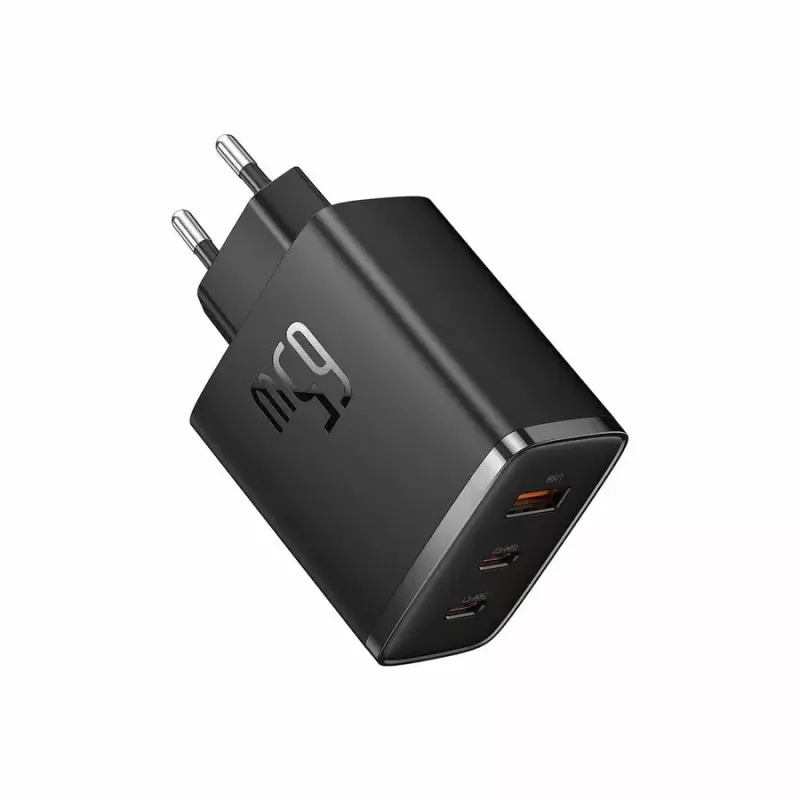Greitasis įkroviklis Baseus Cube Pro 65W — 3 prievadai (2×USB-C, 1×USB-A), 110–240V, kintamoji srovė, vidaus, universalus suderinamumas, juodas, 0,154 kg