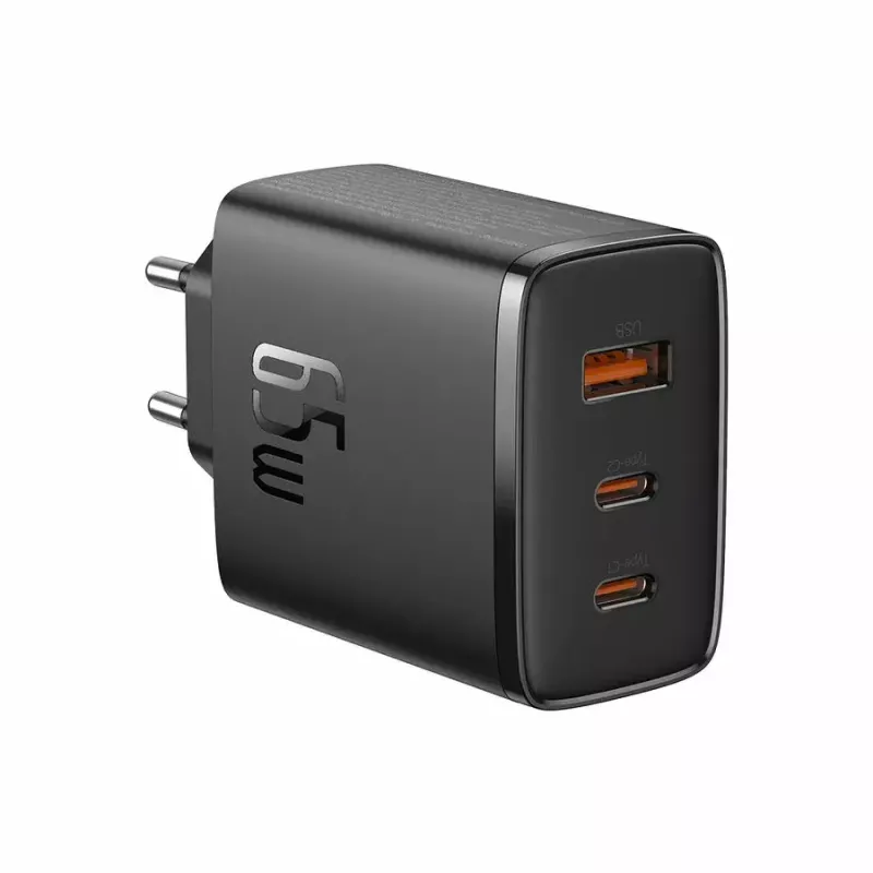 Greitasis įkroviklis Baseus Cube Pro 65W — 3 prievadai (2×USB-C, 1×USB-A), 110–240V, kintamoji srovė, vidaus, universalus suderinamumas, juodas, 0,154 kg