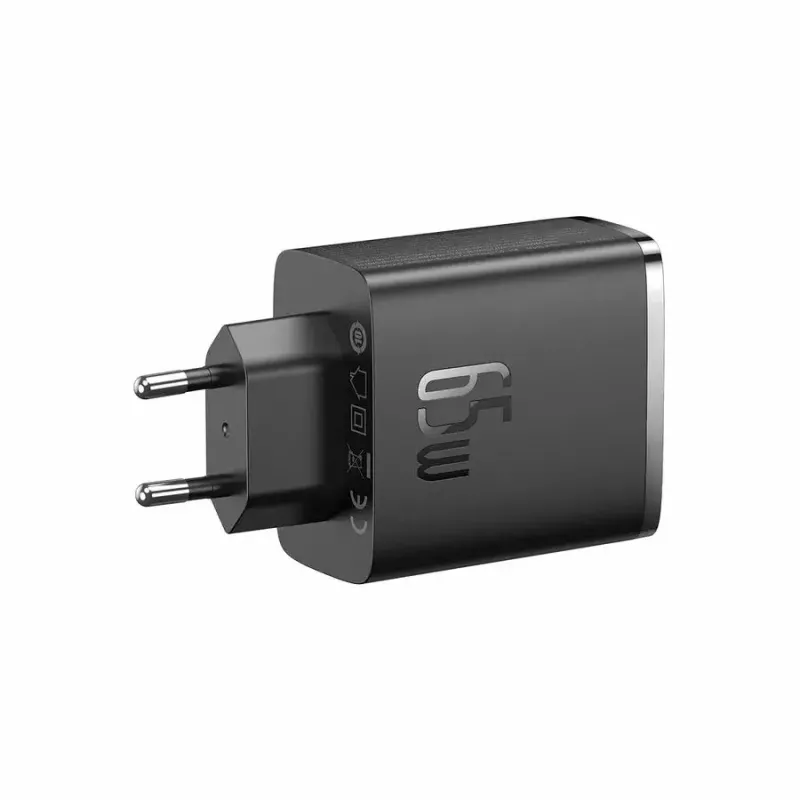 Greitasis įkroviklis Baseus Cube Pro 65W — 3 prievadai (2×USB-C, 1×USB-A), 110–240V, kintamoji srovė, vidaus, universalus suderinamumas, juodas, 0,154 kg