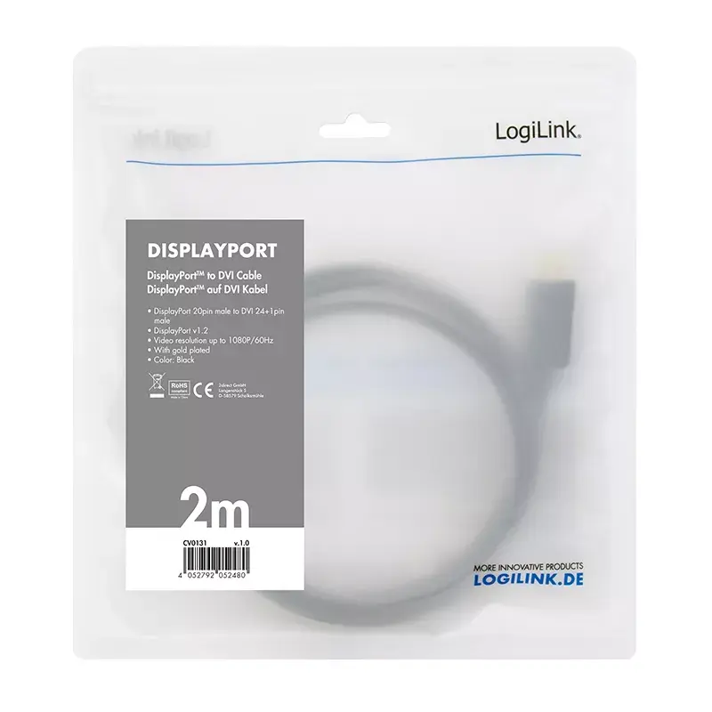 Video kabelio adapteris LogiLink CV0130 1m DisplayPort DVI juoda