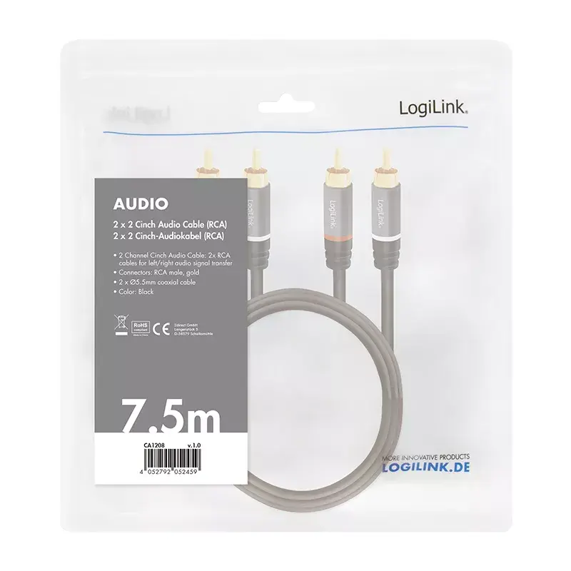 Audio laidas LogiLink CA1208 7,5 m 2 x RCA juodas