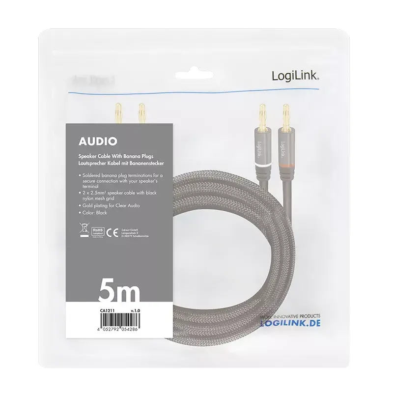 Garso laidas LogiLink CA1211 5m 2x banana juodas