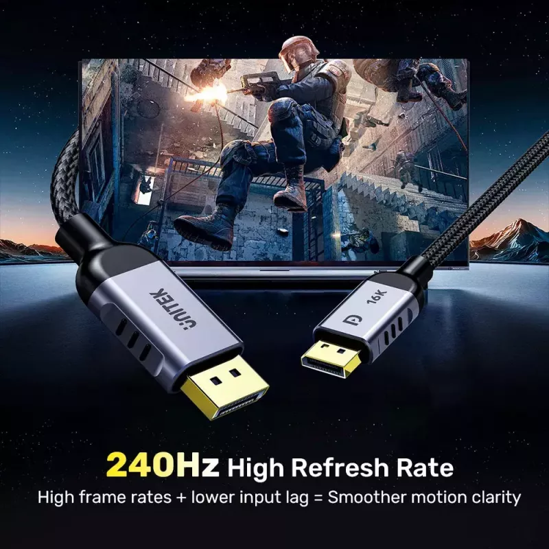 DisplayPort laidas Unitek C1626GY01-2M, DisplayPort 2.1 vyriška–vyriška, 2 m, 80 Gbit/s, 16K@60Hz, 4K@240Hz, HDR, HDCP 2.2