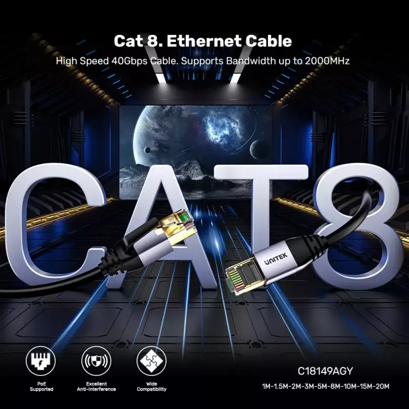 Tinklo kabelis UNITEK C18149AGY03-2M RJ-45 Cat8 2m Juodas